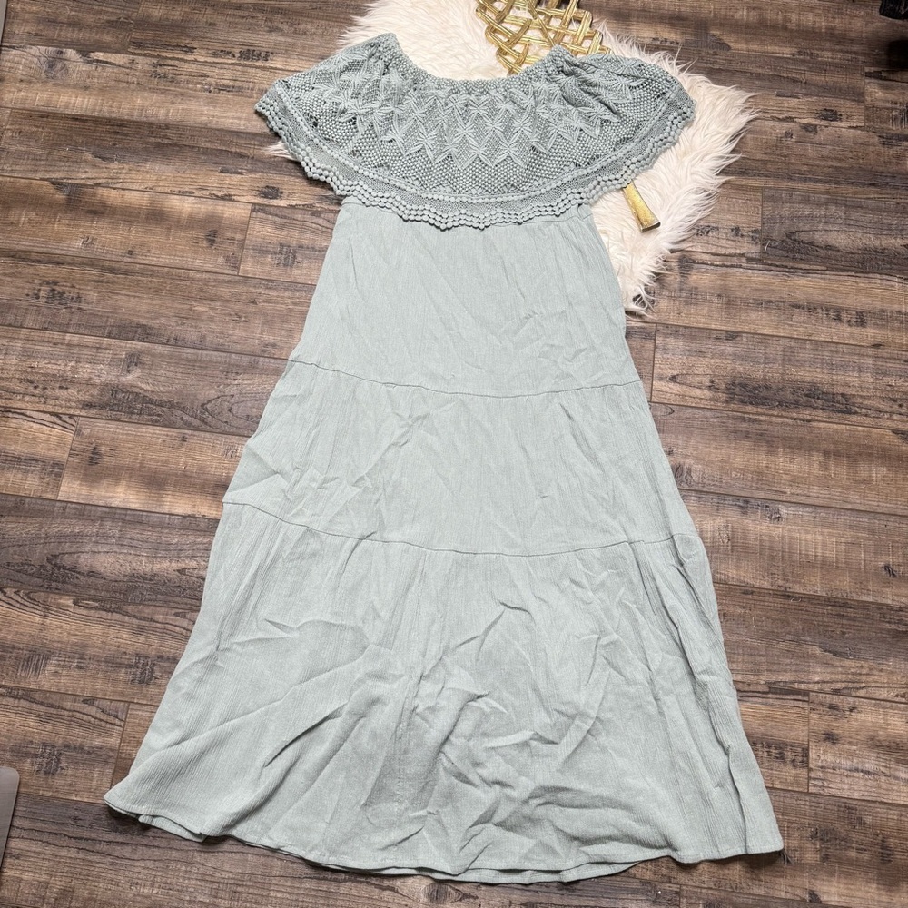 Soft Surroundings Sage Green Off The Shoulder crochet Collar Midi Dress